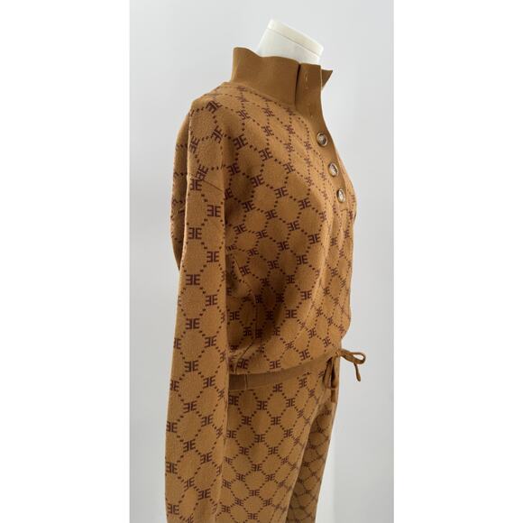 EllandEmm 2 pc Preppy Monogram Camel Brown Knit Pullover Joggers Sweatsuit S XS - Picture 5 of 13